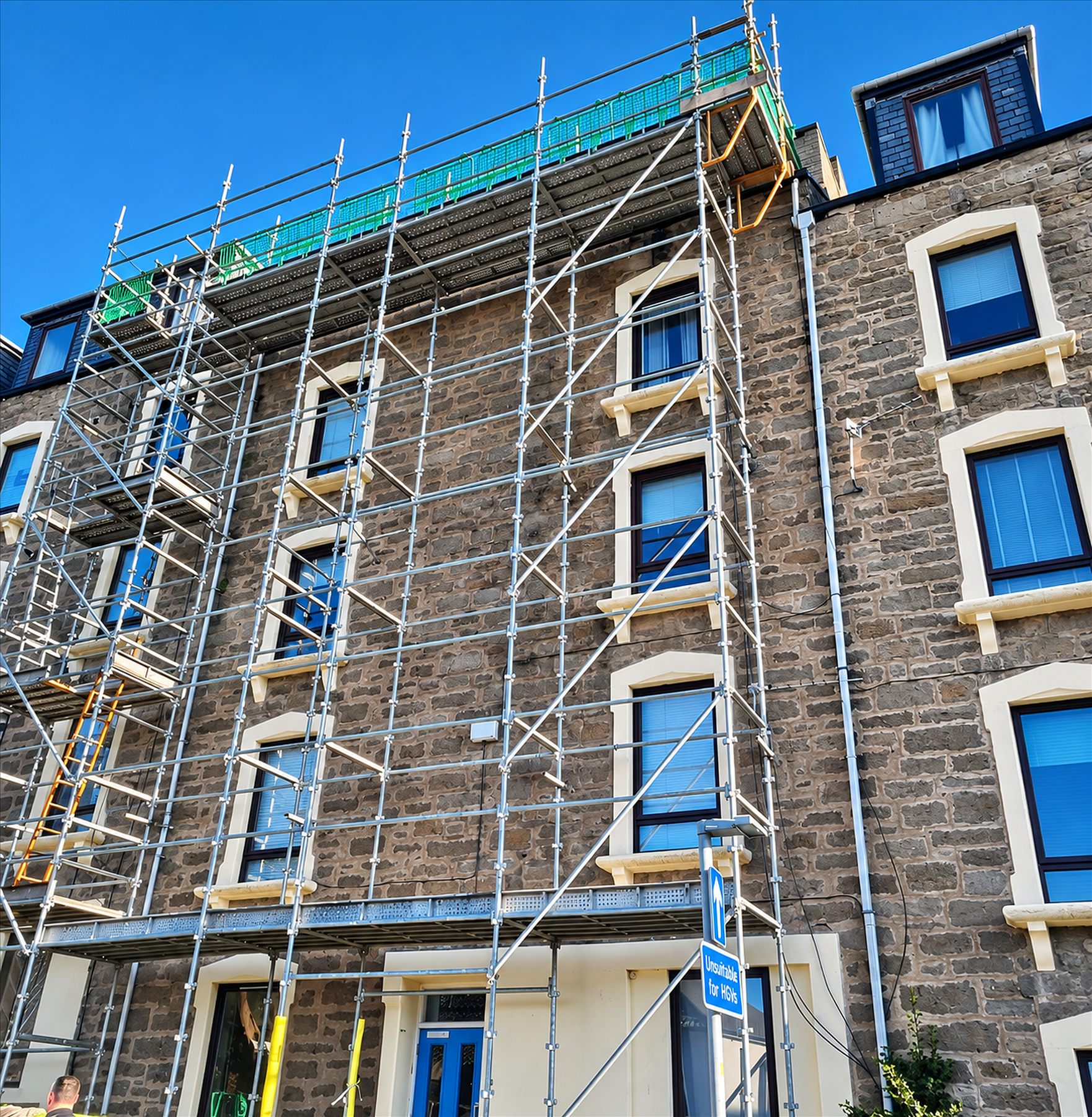 Scaffolding access on a stone building in Dundee